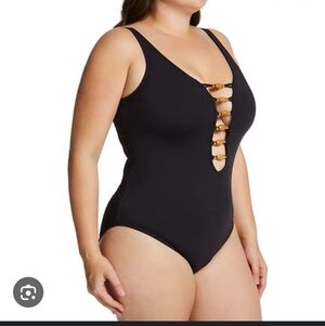 Bleu Rod Beattie Black One-Piece Swimsuit with Gold Accents
